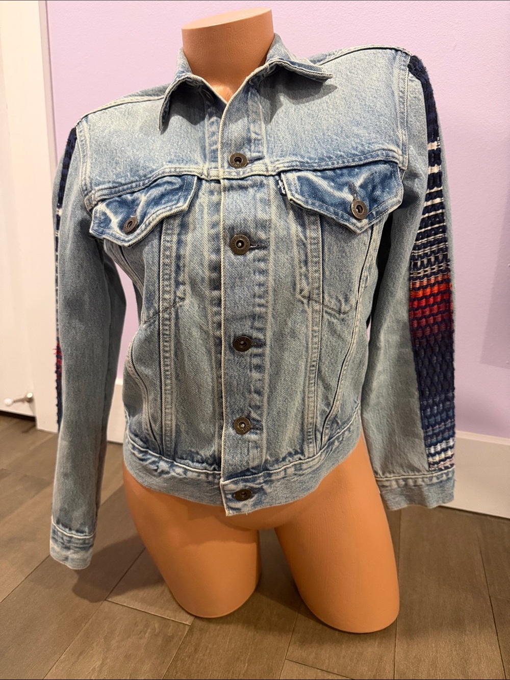 Levi's Light Blue Denim Jacket with Patterned Knit Sleeve Accents